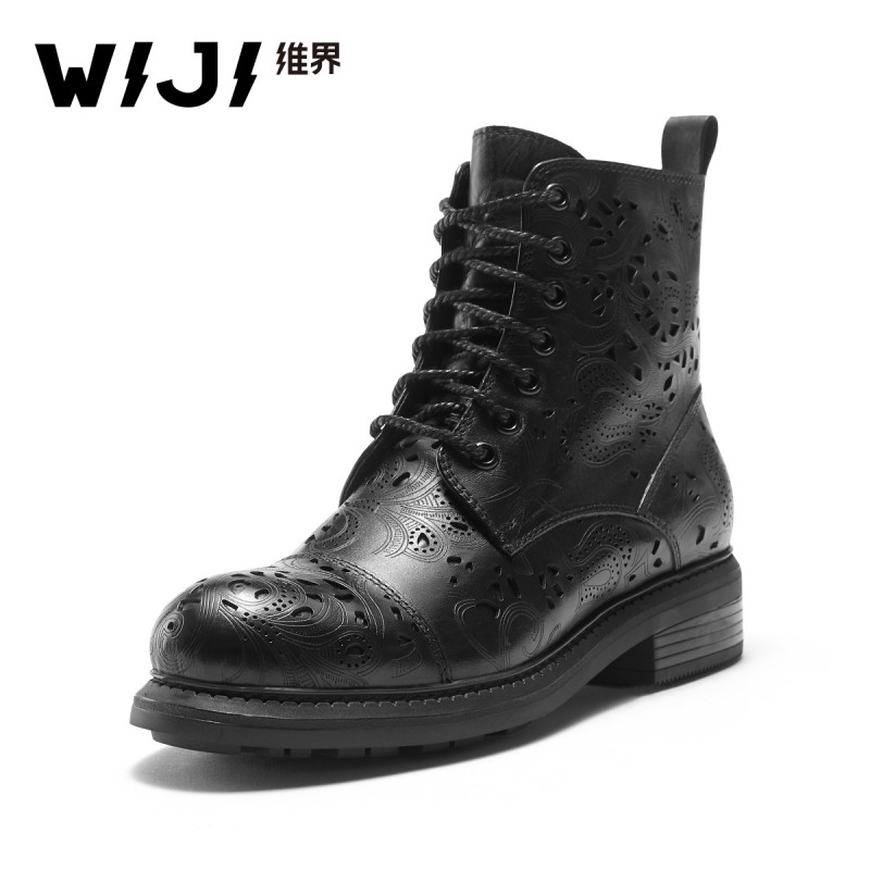 WIJI马丁靴女真皮粗跟系带韩版新款短靴日常百搭潮流个性休闲鞋女 黑色 37