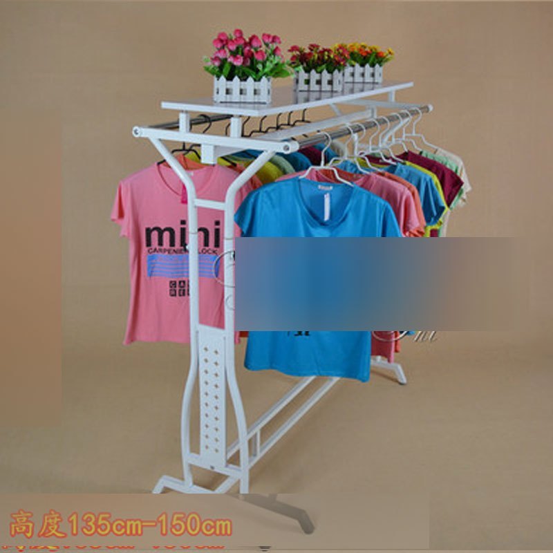 服装店展示架服装店货架双杠落地挂衣服架子展示架龙架中岛展架多色多款多功能时尚创意服装店家具_8 普通款白色带木板