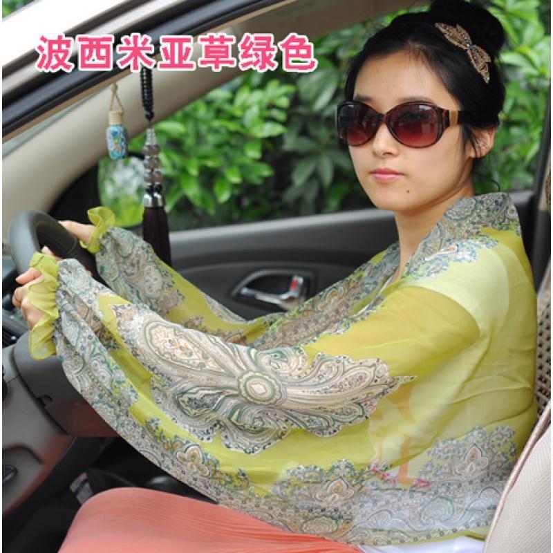 夏天女士薄长款防晒手套袖套开车骑车蕾丝防晒防紫外线套袖臂套_5 波西米亚草绿