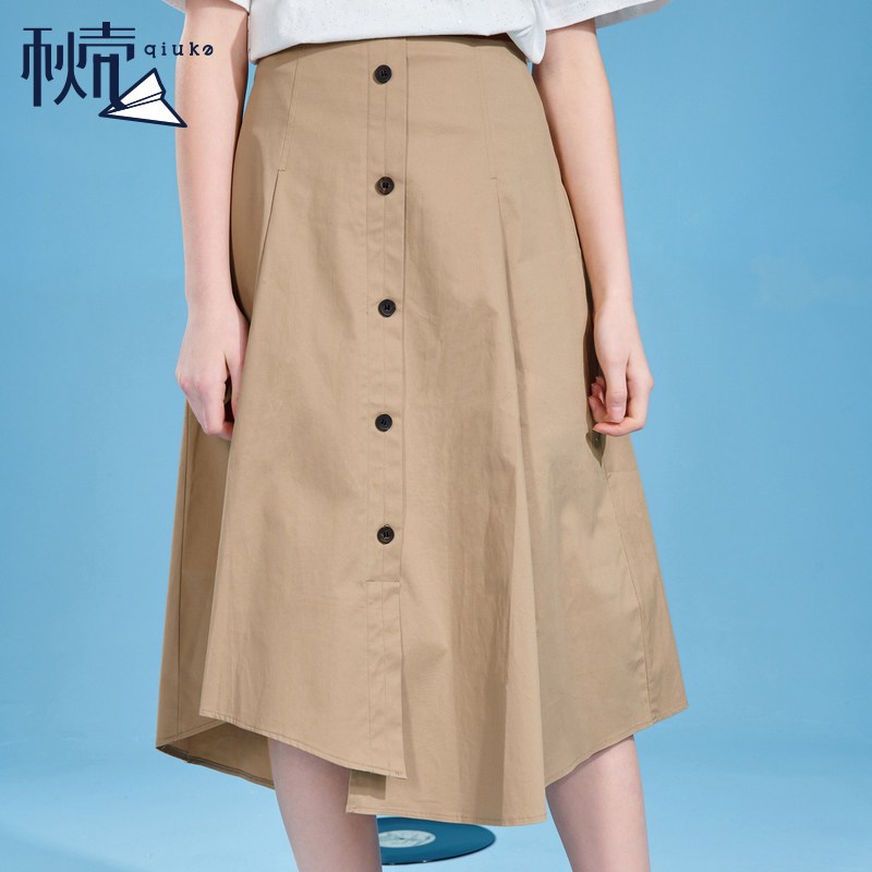 秋壳2018夏季新款女装百搭半身裙单排扣A字裙高腰卡其色中长裙子 M 卡其