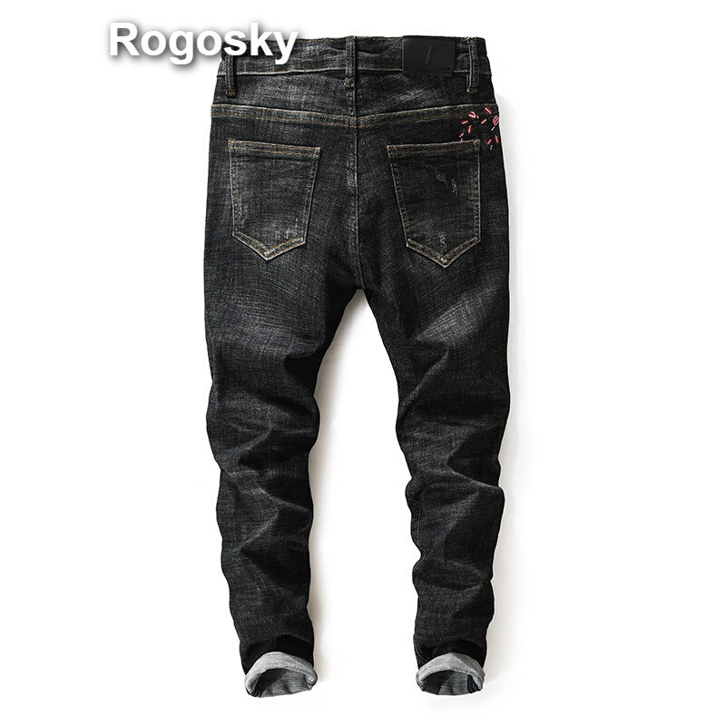 Rogosky港系潮牌欧洲站四季男款刺绣潮流修身小脚弹力中国风个性绣花百搭微弹牛仔裤男黑色 30 默认颜色