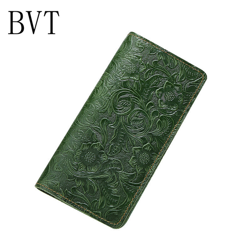 BVT真皮女士卡包多功能卡套复古头层牛皮护照包套名片包 花纹绿色