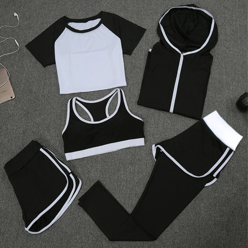 瑜伽服套装女秋季速干显瘦运动套装运动衣女健身服晨跑套装五件套_534 L 瑜伽五件白色