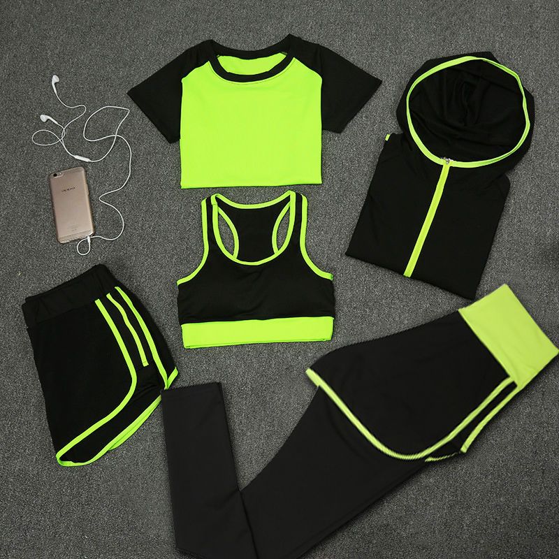 瑜伽服套装女秋季速干显瘦运动套装运动衣女健身服晨跑套装五件套_534 M 瑜伽五件绿色