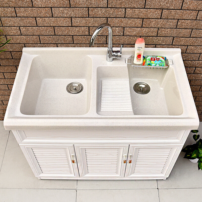 欧式太空铝洗衣柜阳台柜双盆带搓衣板浴室柜组合洗衣池卫浴台盆柜0.9米白柜-（盆三色可选）9 默认尺寸 1.1米白柜-（盆三色可选）