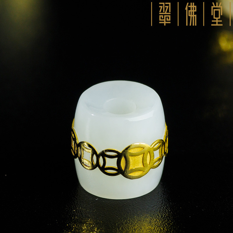 翠佛堂足金镶嵌和田玉白玉路路通玉石吊坠 款二