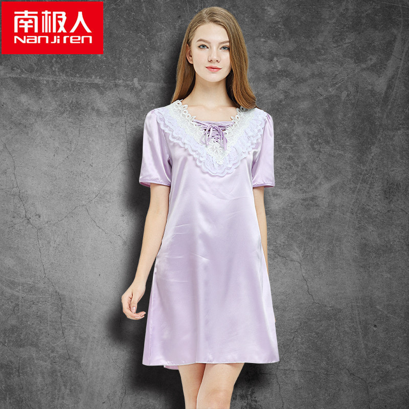 仿真丝睡裙春夏季大码睡衣性感短袖睡裙批发 L 淡紫色