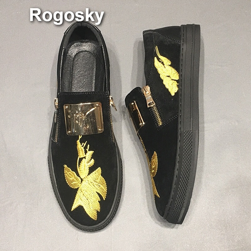 Rogosky香港潮牌2018夏季新款欧洲站刺绣运动休闲鞋男士低帮乐福鞋个性复古男板鞋型师 金色皮鞋码 43