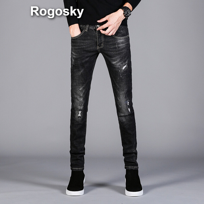 Rogosky港系潮牌2018四季破洞牛仔裤青少年弹力裤子时尚百搭休闲男裤修身小脚裤 32 1823黑