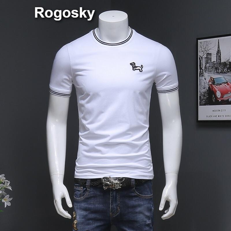 Rogosky港系潮牌2018夏季T恤韩版圆领修身丝光棉T恤修身男士短袖刺绣小狗百搭休闲潮_0 3XL 白色