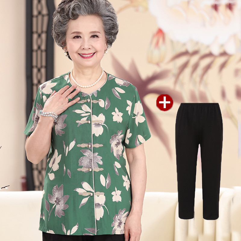 中老年人夏装女套装60-70岁宽松妈妈装短袖上衣T恤老人衣服奶奶装_3 XXL[] 绿色（上衣+裤子）