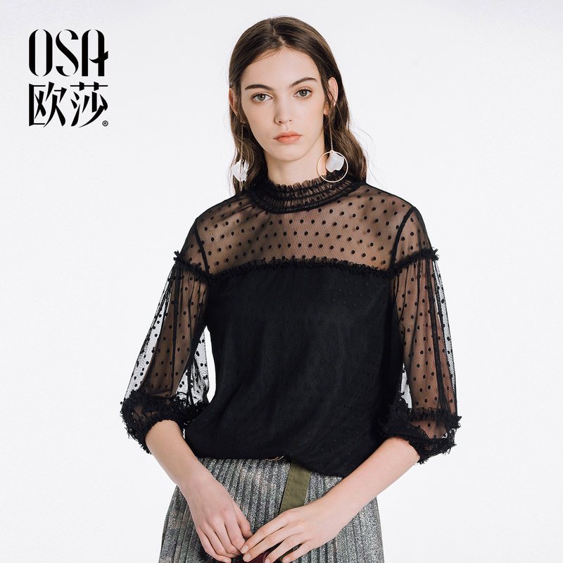 OSA欧莎2018夏装新款女装优雅提花蕾丝雪纺衫女B17009 L 黑色