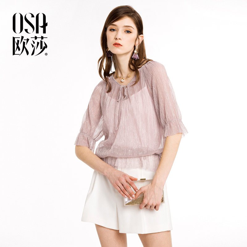 OSA欧莎2018夏装新款女装时尚亮丝系带衣领雪纺衫 M 浅粉色