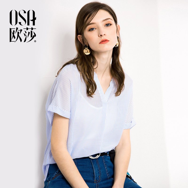 OSA欧莎2018夏装新款女装短袖V领宽松衬衫女B12005 M 蓝白条纹