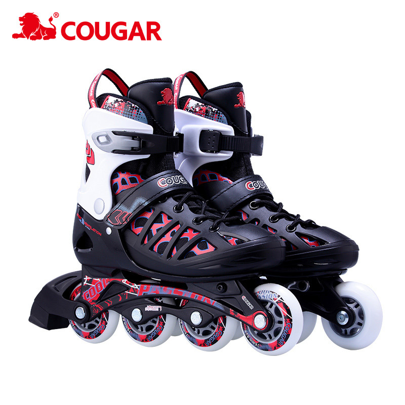 美洲狮（COUGAR）成人溜冰鞋 青少年大学生社团轮滑鞋溜冰鞋直排轮男女通用运动休闲鞋初学者 黑红单鞋1双 L码（实际可调41-44码）