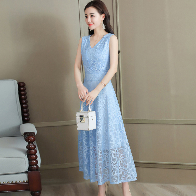 简妮薇连衣裙女夏 2018新款女装v领无袖蕾丝裙气质显瘦修身长裙 蓝色 XL(现货)