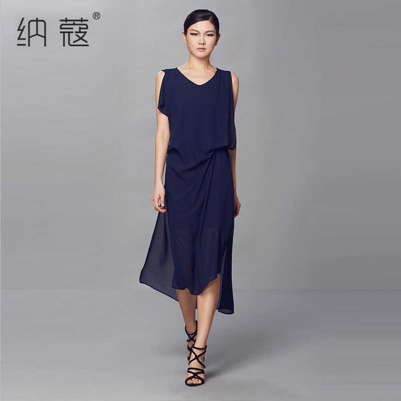 纳蔻2017夏季新品收褶雪纺不规则裙摆小香风连衣裙_1 L 天蓝色