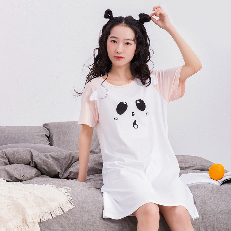 纯棉睡裙女夏季 顶瓜瓜短袖薄款印花甜美可爱学生全棉可外穿睡衣 170 白色