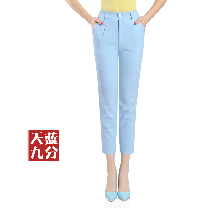 2018春夏薄款中年女裤小直筒裤OL时尚9分棉麻休闲裤通勤九分裤 35腰围二尺八 天蓝九分