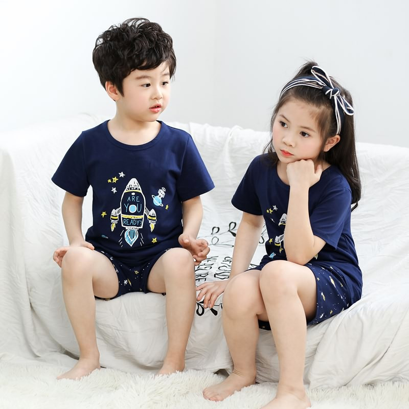 茵珠麗YinZhuli 夏季新款纯棉短袖短裤男女孩中大儿童睡衣家居服套装 夏天全棉卡通男童女童居家服5814 男童款110码 3号款