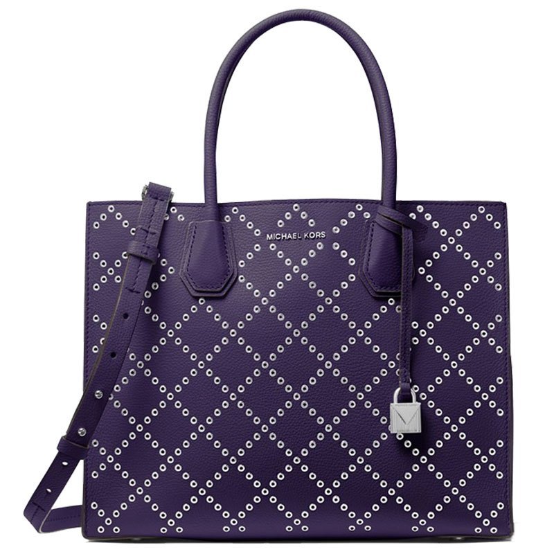 Michael Kors 迈克科尔斯 大号Mercer Grommeted锁头菱格手提斜挎单肩 鳶尾花紫银色五金