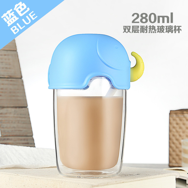 富光双层耐热玻璃杯泡花茶杯女士创意便携水杯果汁学生杯子带盖勺WFB1030-280 蓝色