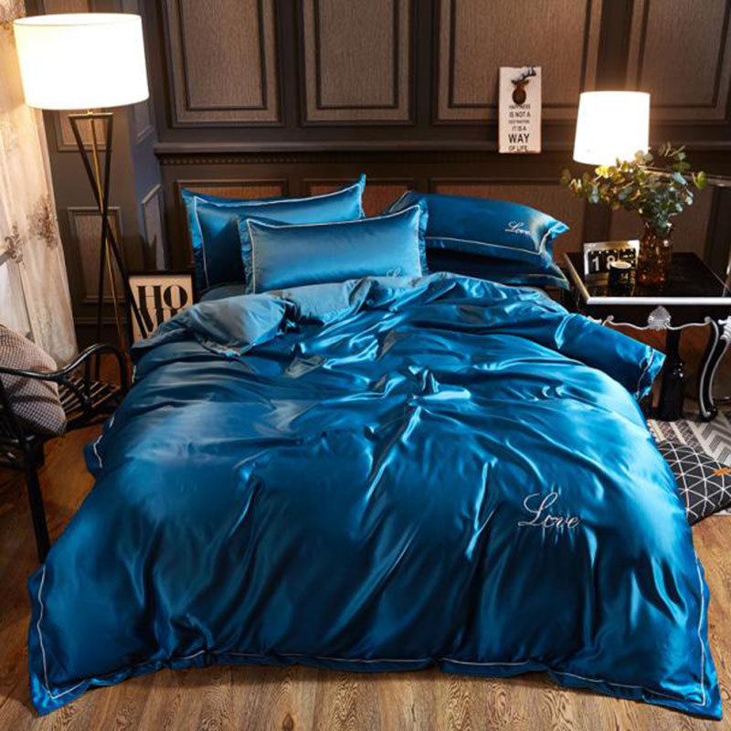 珀金家纺 水洗真丝四件套 条纹纯色简约被套床单床品套件 1.5-1.8m床通用款 孔雀蓝