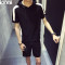 丹杰仕套装男士2018夏季新款短袖短裤中学生韩版潮流休闲帅气t恤两件套 M 8212黑色