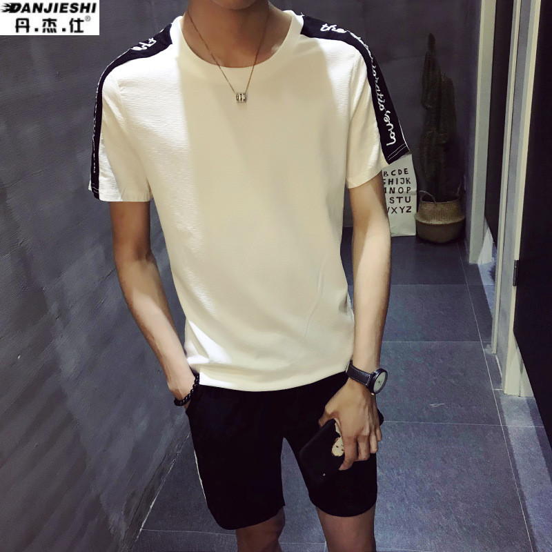 丹杰仕套装男士2018夏季新款短袖短裤中学生韩版潮流休闲帅气t恤两件套 2XL 8223白色