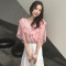 2018夏季新款宽松荷叶边雪纺衫上衣甜美纯色V领短袖衬衫衬衣女装 均码 杏色