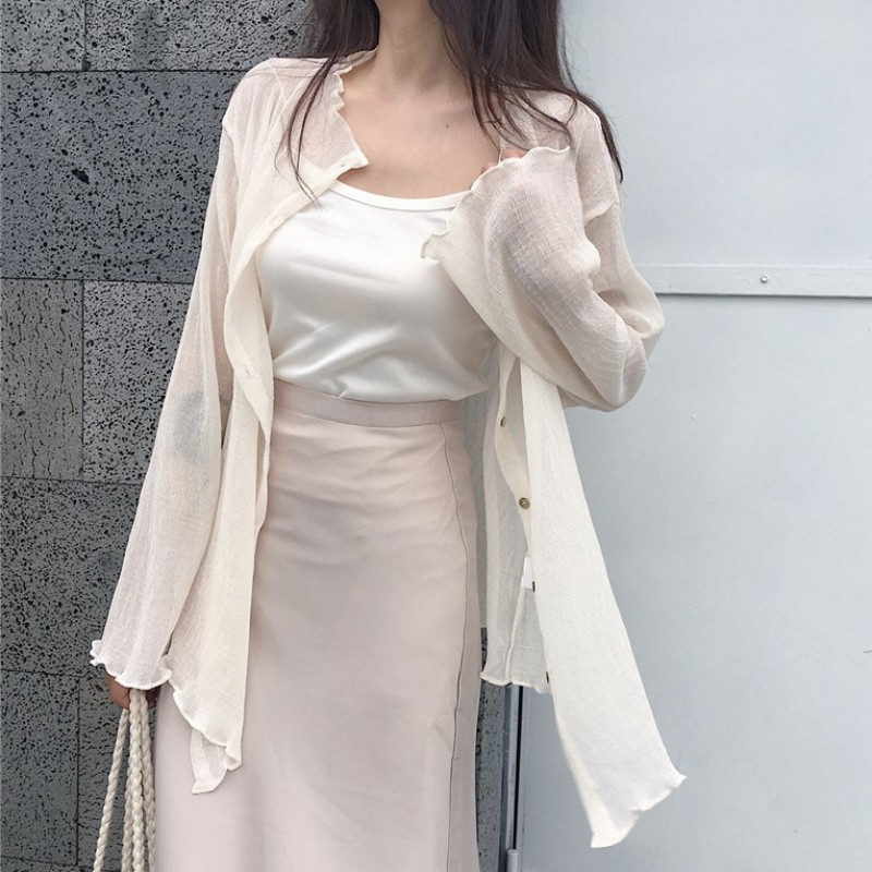 2018春装新款打底衫吊带上衣+中长款长袖雪纺衬衫衬衣两件套女装 均码 浅杏色