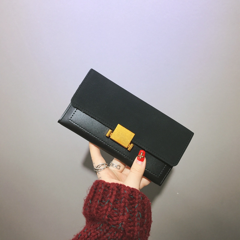 2018新款韩版钱包女长款欧美复古百搭磨砂锁扣ins钱夹卡包零钱包_1 黑色