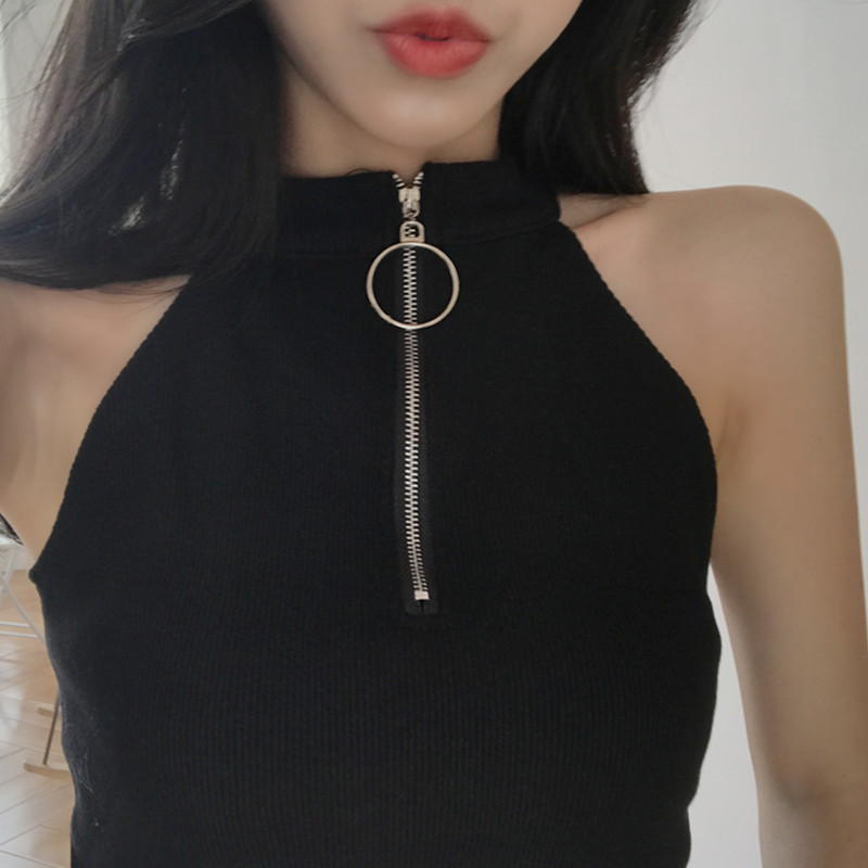 夏季新款圆环拉链背心女短款性感露肩外穿露脐无袖挂脖打底衫上衣 均码 黑色