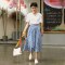 森宿Y夏季2018新款文艺格纹拼接短袖连衣裙K M 夏日蓝