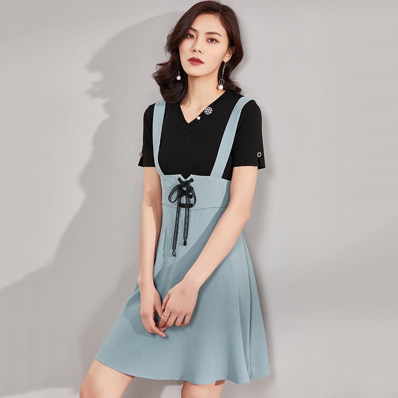 欧昵雪夏无袖吊带短裙A字裙减龄蝴蝶结绑带背带裙连衣裙女X S 绿色