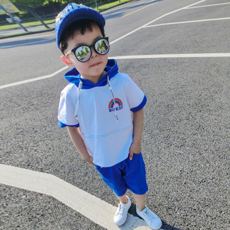 男童夏装2018新款套装短袖短裤连帽运动夏季童装儿童短袖休闲清新棉质两件套婴童服装套装 100cm 蓝色