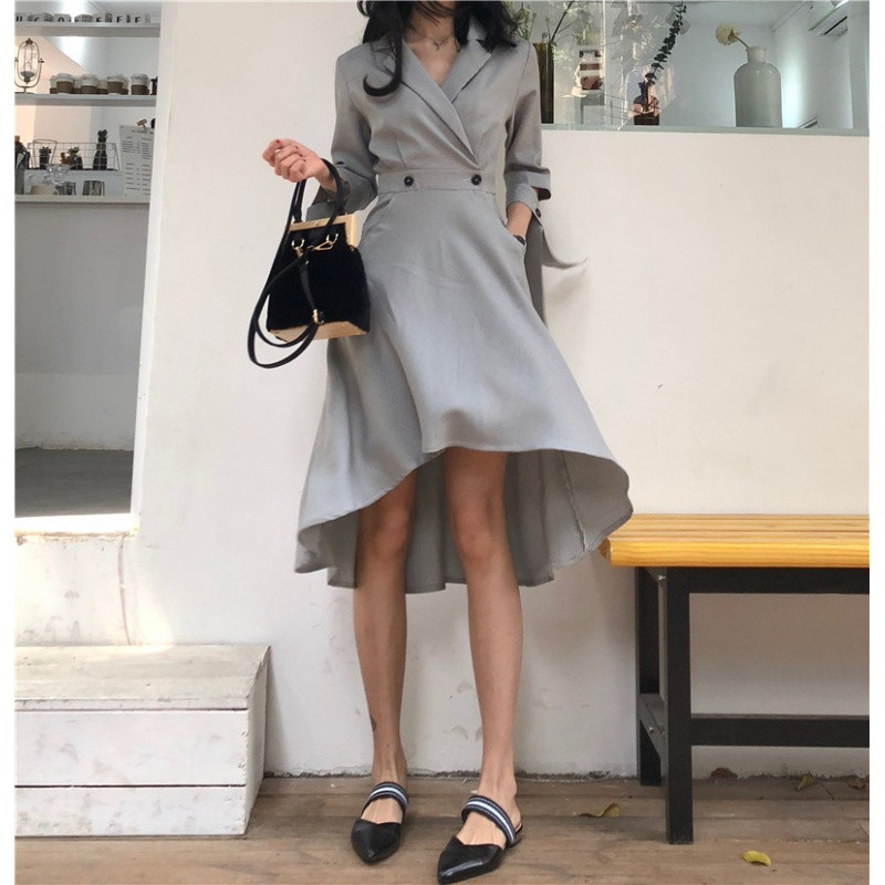 春夏韩版chic高腰修身显瘦连衣裙女千鸟格系带七分袖不规则中长裙 S 格子