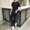 2018夏季运动套装韩版T恤上衣潮流九分裤男 2XL 黑色短裤套装