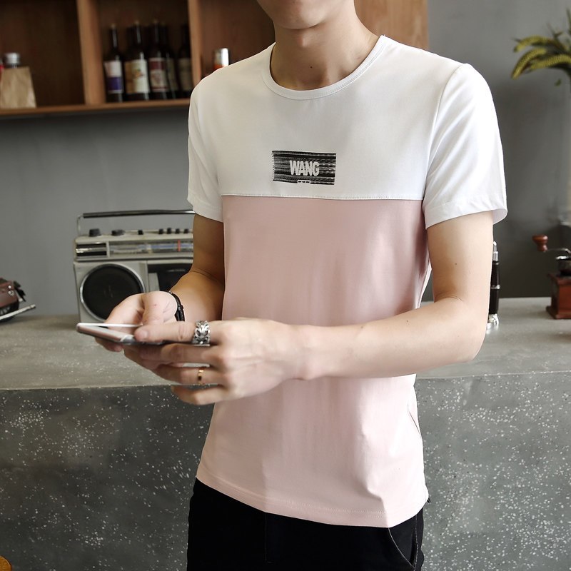 男士短袖T恤打底衫潮流上衣服韩版半袖男装 3XL 浅粉