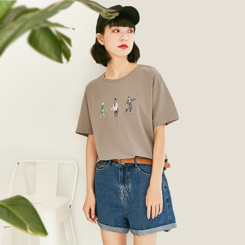 素缕夏装2018新款女印花落肩袖圆领上衣白色短袖T恤SV8241媫 L 咖啡色