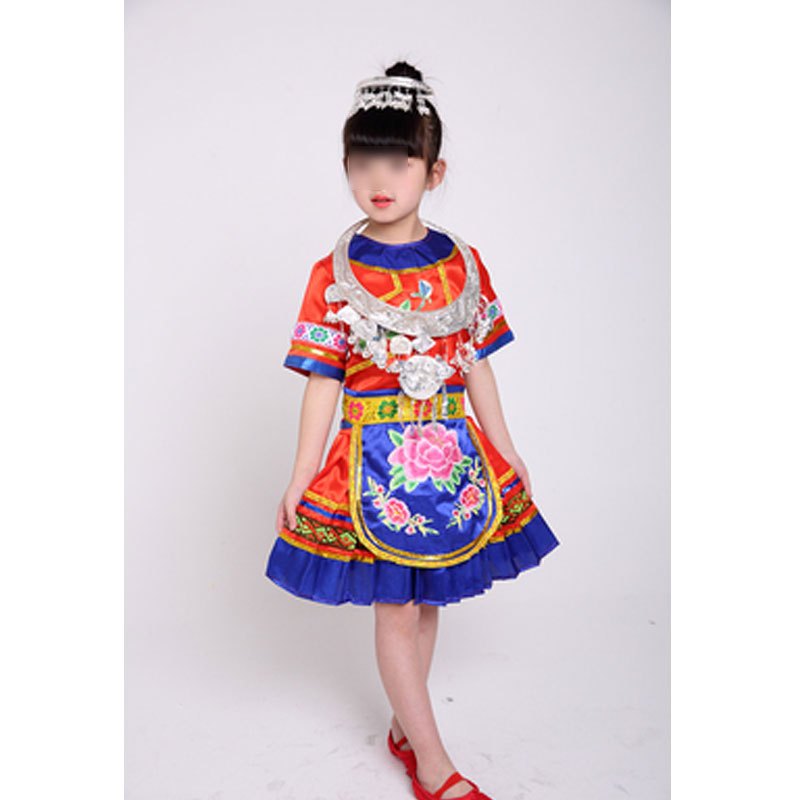 儿童少数民族表演服女童苗族幼儿园小朋友演出服装家族服装通用小女孩裙子简约婴童裙子 120cm 围裙款