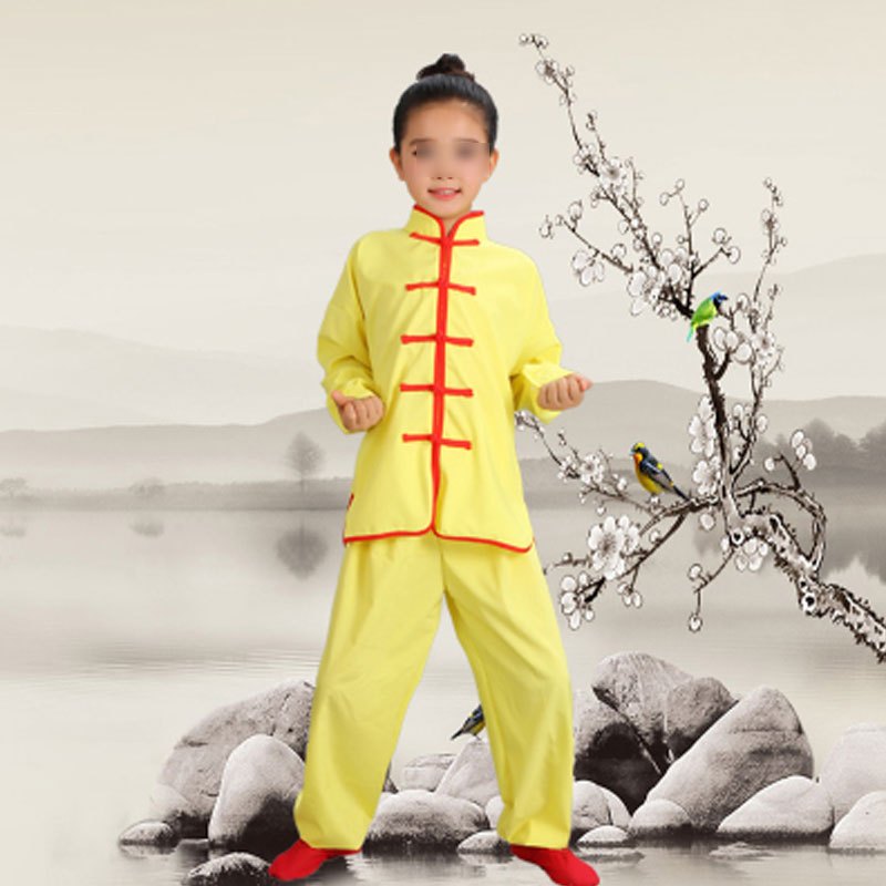 儿童武术演出服装男女青少年中小学生功夫表演服装通用套装 幼儿园小朋友简约婴童套装 150cm适合身高145-155 黄色-长袖