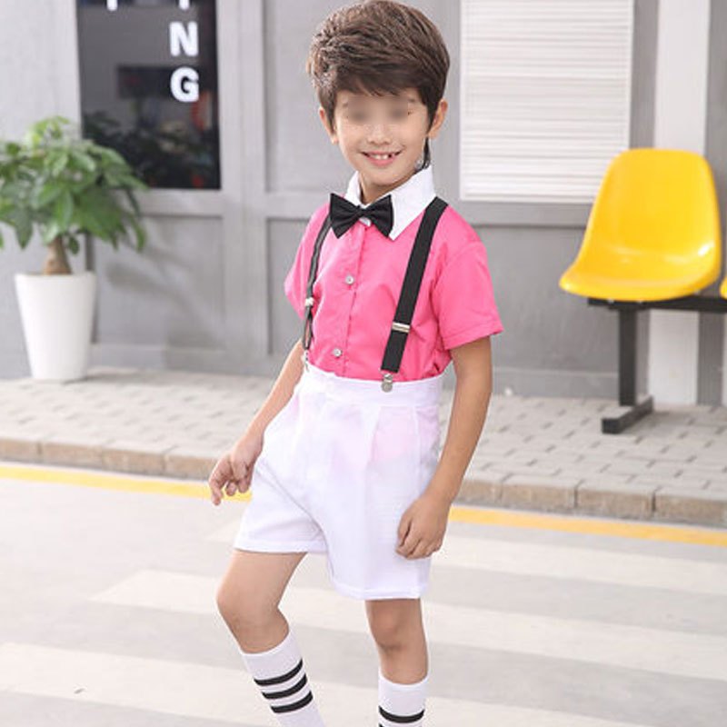 六一幼儿童节演出服背带裤诗歌朗诵幼儿园小朋友大合唱团表演服装男通用套装简约婴童套装 130cm 枚红色短款