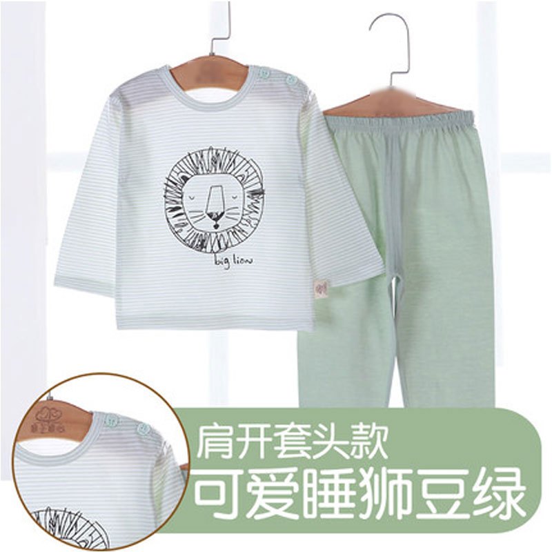 宝宝家居空调服薄款夏季婴儿衣服儿童长袖睡衣套装男童女童装简约小清新男女宝宝夏季居家服套装 73cm(73cm（推荐身高66-73cm）) 狮子绿-肩扣