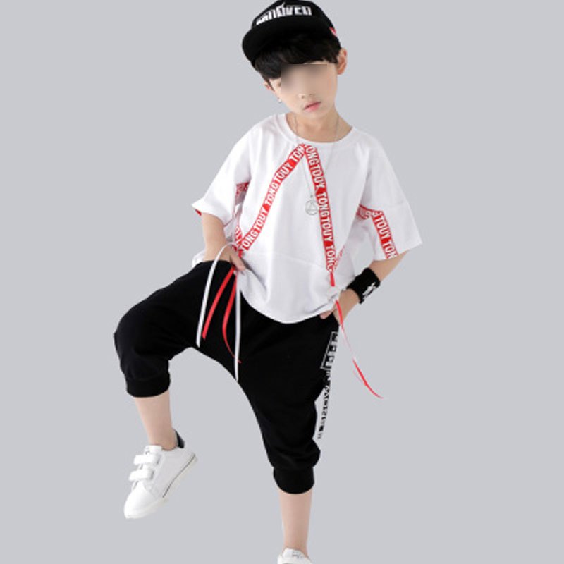 六一少儿童街舞套装夏季女孩小学生运动会短袖男童小朋友演出服装通用套装帅气婴童套装 120cm 红织带二件套