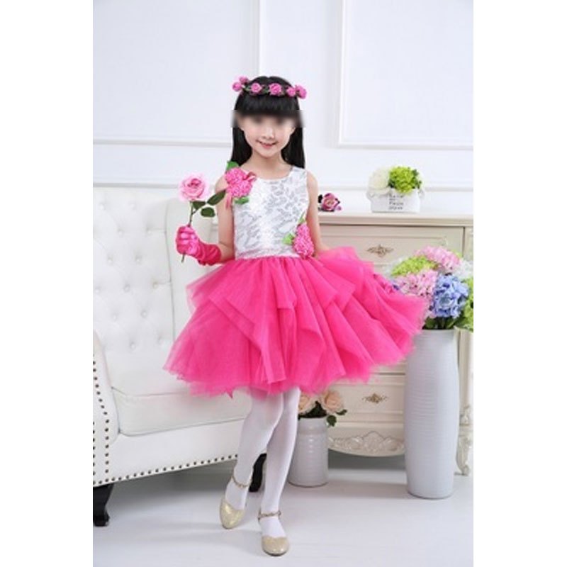 六一儿童演出服女童蓬蓬纱裙小学生舞蹈表演服装幼儿园合唱服简约小清新女孩子夏季通用裙子 140cm 玫红色