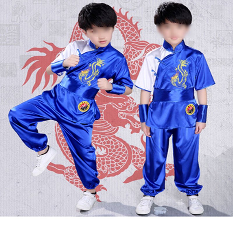 儿童武术服表演服装短袖少儿服装男女童幼儿舞蹈演出服通用套装幼儿园小朋友表演服婴童套装 100cm 蓝色