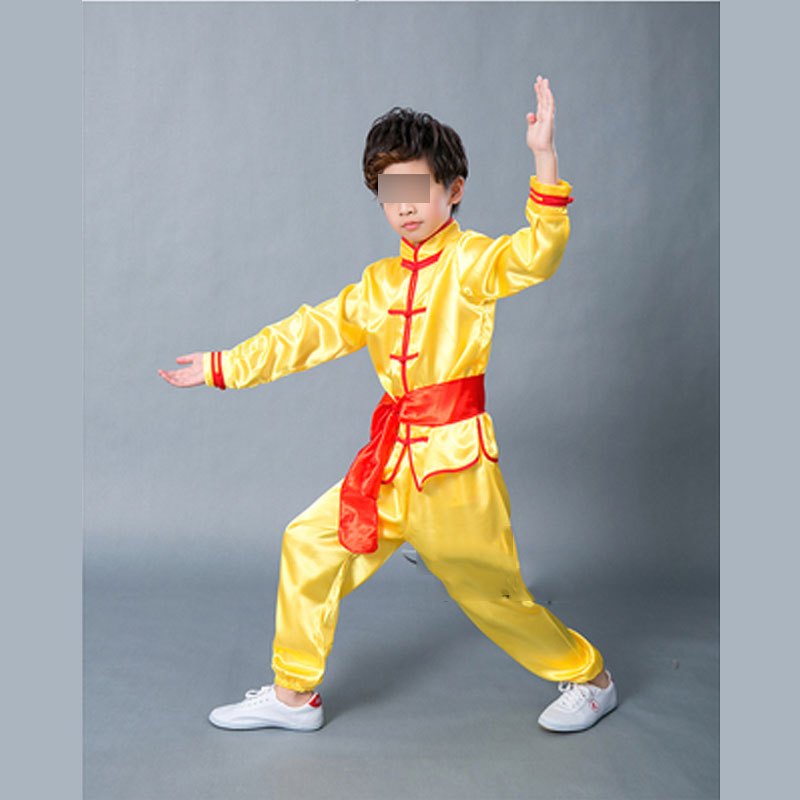 儿童武术表演服长短袖男女童功夫演出中小学生训练服装可爱简约儿童舞台表演训练舞台服 160cm 黄色长袖