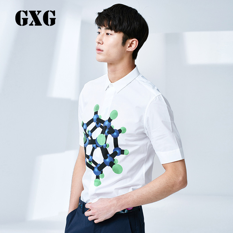 GXG衬衫男装夏装男士休闲都市个性未来感时尚简约白色中袖衬衣 190/XXXL 白色