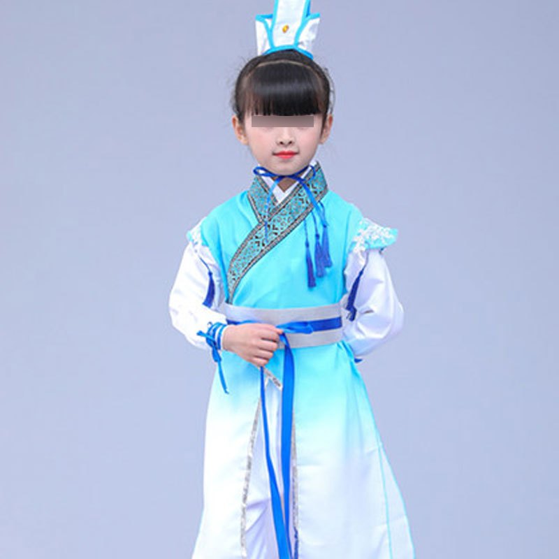 六一儿童演出服汉服男童古装三字经书童女幼儿园小孩表演服装可爱创意萌趣儿童舞台演出服 140cm 蓝色男女同款s头饰s纸简